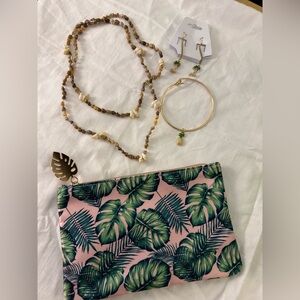🌴 Tropical Jewelry Set + Pink and Green Cosmetics Pouch 🌸